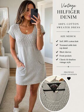 Vintage Hilfiger Denim Sweater Dress M | 100% Cotton Knit | Casual Cozy Y2K Mini